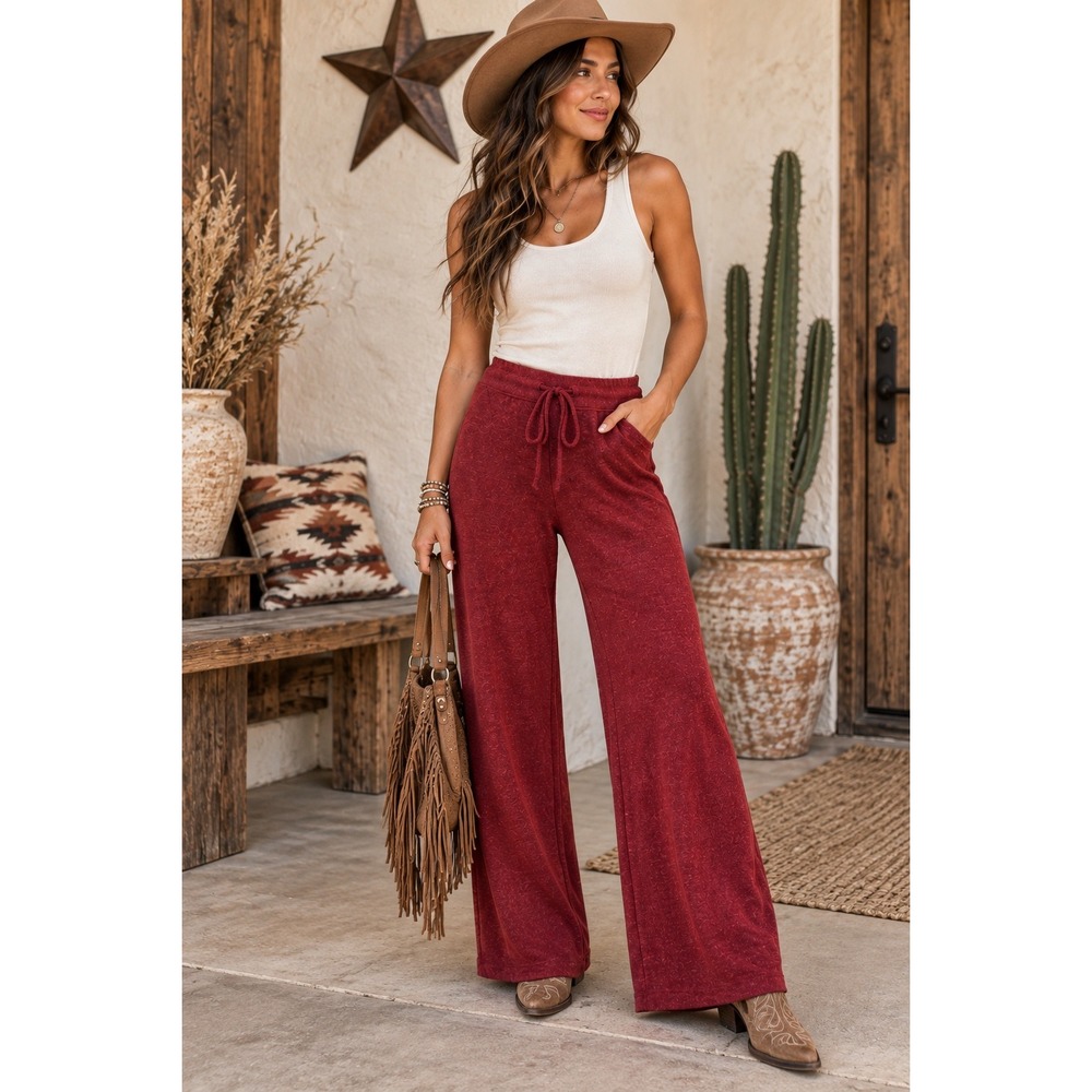 218. New Cranberry Red Knit Wide Leg Lounge Pants Drawstring High Rise Trousers